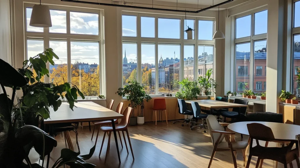 Modern Scandinavian office space in Finland with sleek furniture, large windows, and natural light