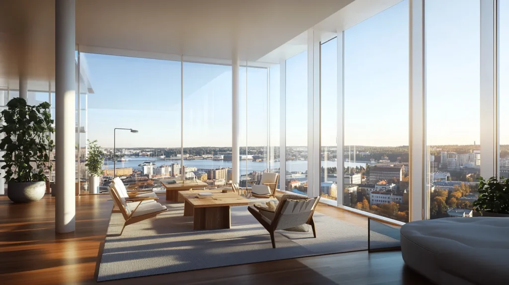 Modern office space in Tampere, Finland with sleek Scandinavian design, large windows, and natural lighting